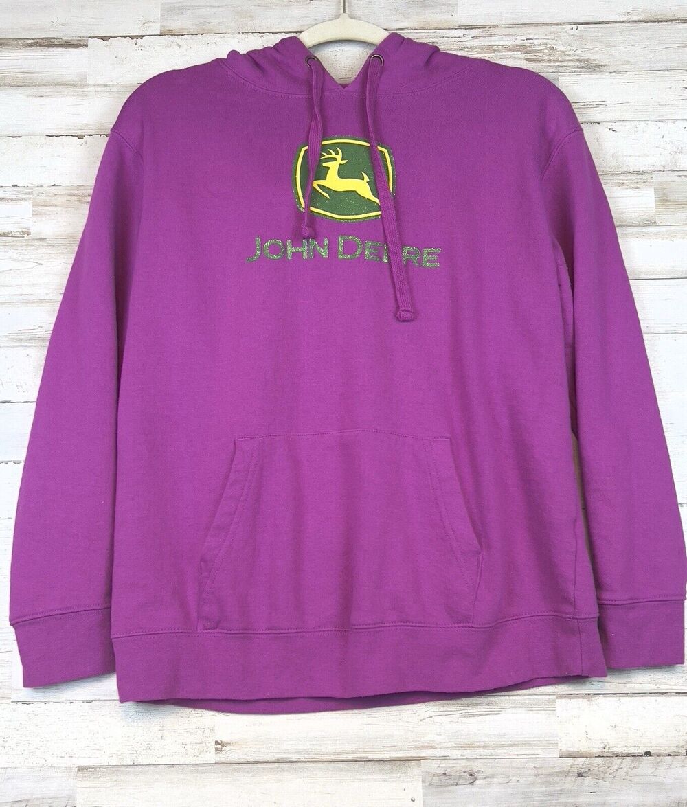 John Deere Pink Hoodie Sweatshirt Womens M Sparkly Green Logo